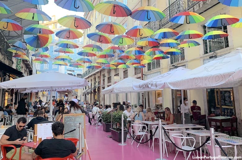 Umbrellas over Pink Street, Lisbon